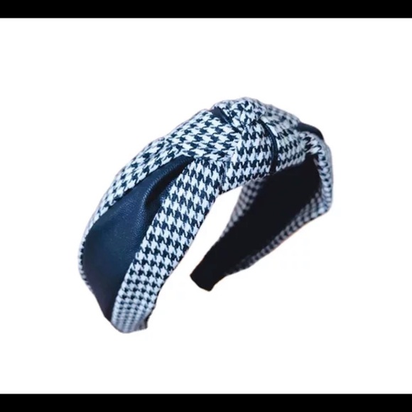 New black and white fabric print houndstooth top knot with leather headband - Picture 4 of 10
